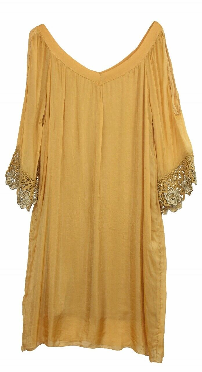 BZNA Ibiza Empire Dress Gelb Sommer Kleid Seidenkleid Damen Seide Silk Häkel - B Z N A
