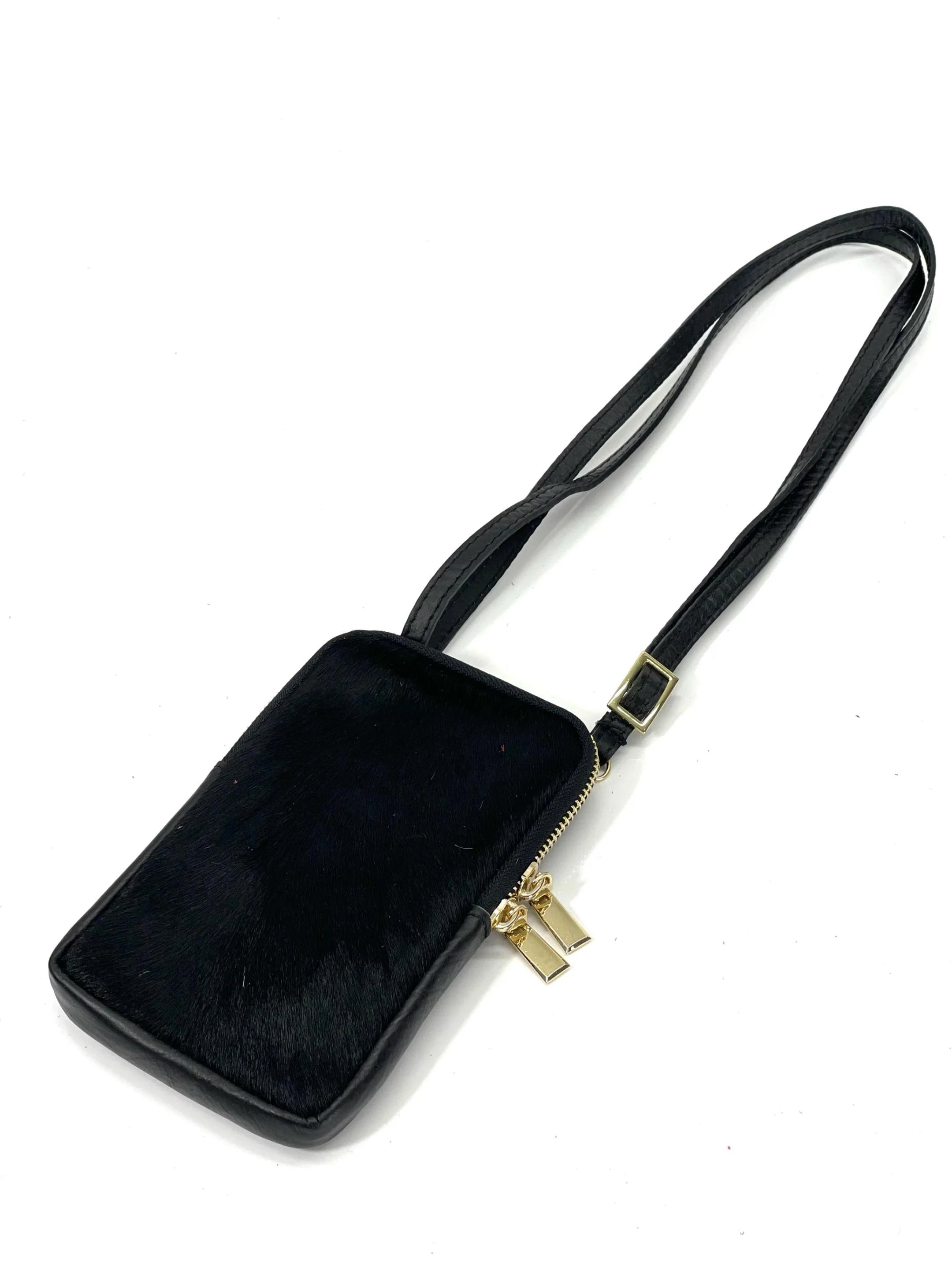 BZNA Bag Mobile Schwarz Handy Umhängetasche aus Leder Felltasche mit Reißverschluss - B Z N A