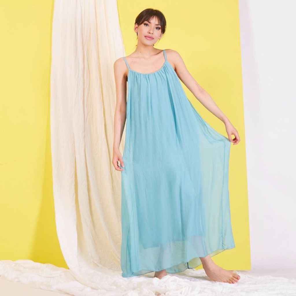 BZNA Ibiza Boho Style Sommerkleid Aqua aus Seidenchiffon Seidenkleid oneSize