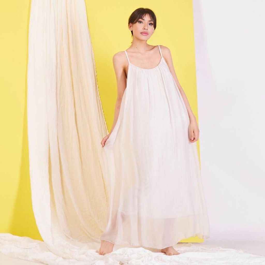 BZNA Ibiza Boho Style Sommerkleid light Beige aus Seidenchiffon Seidenkleid oneSize