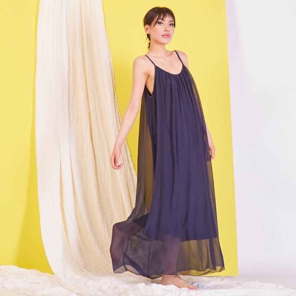 BZNA Ibiza Boho Style Sommerkleid dark Blue aus Seidenchiffon Seidenkleid oneSize