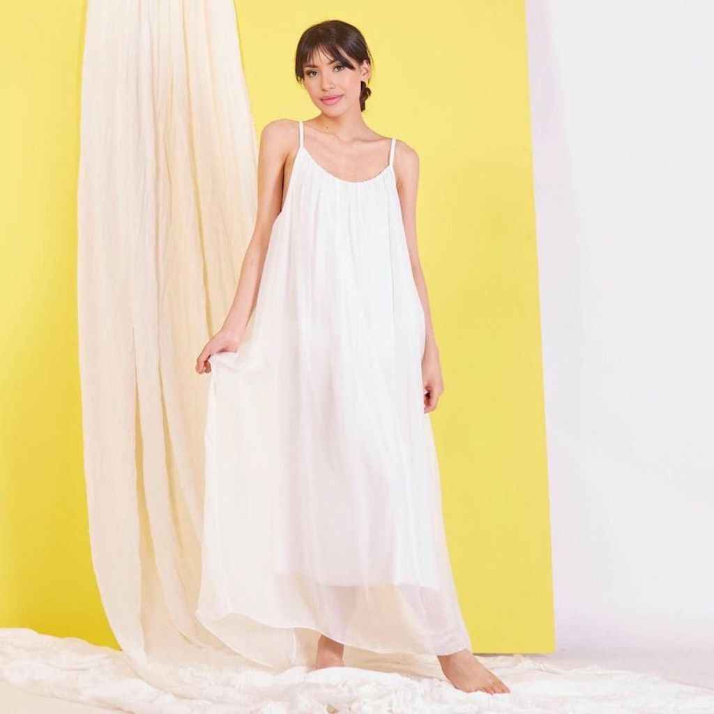 BZNA Ibiza Boho Style Sommerkleid Weiß aus Seidenchiffon Seidenkleid oneSize