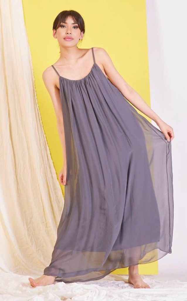 BZNA Ibiza Boho Style Sommerkleid dark Grey aus Seidenchiffon Seidenkleid oneSize