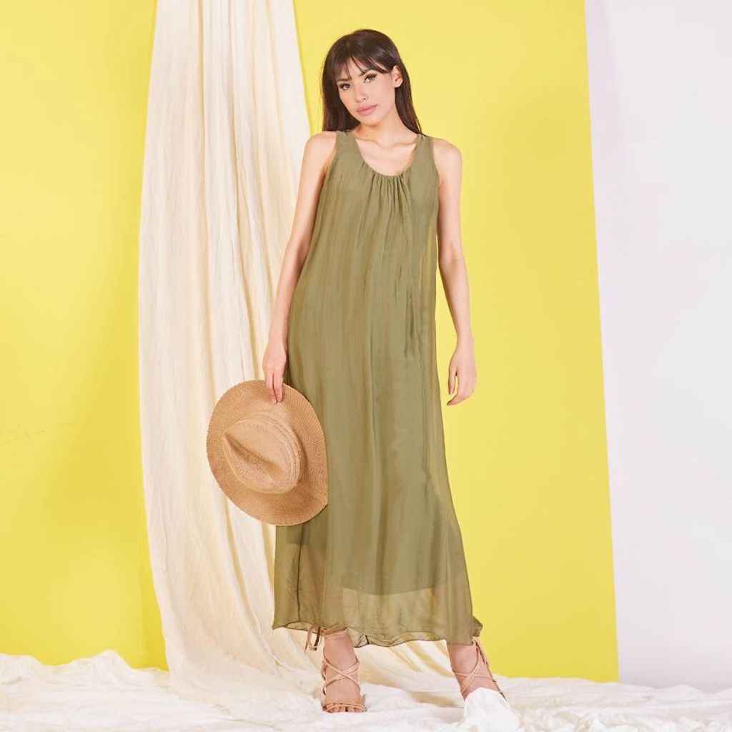 BZNA elegantes ärmeloses Kleid Olive aus Seidenchiffon Seidenkleid oneSize