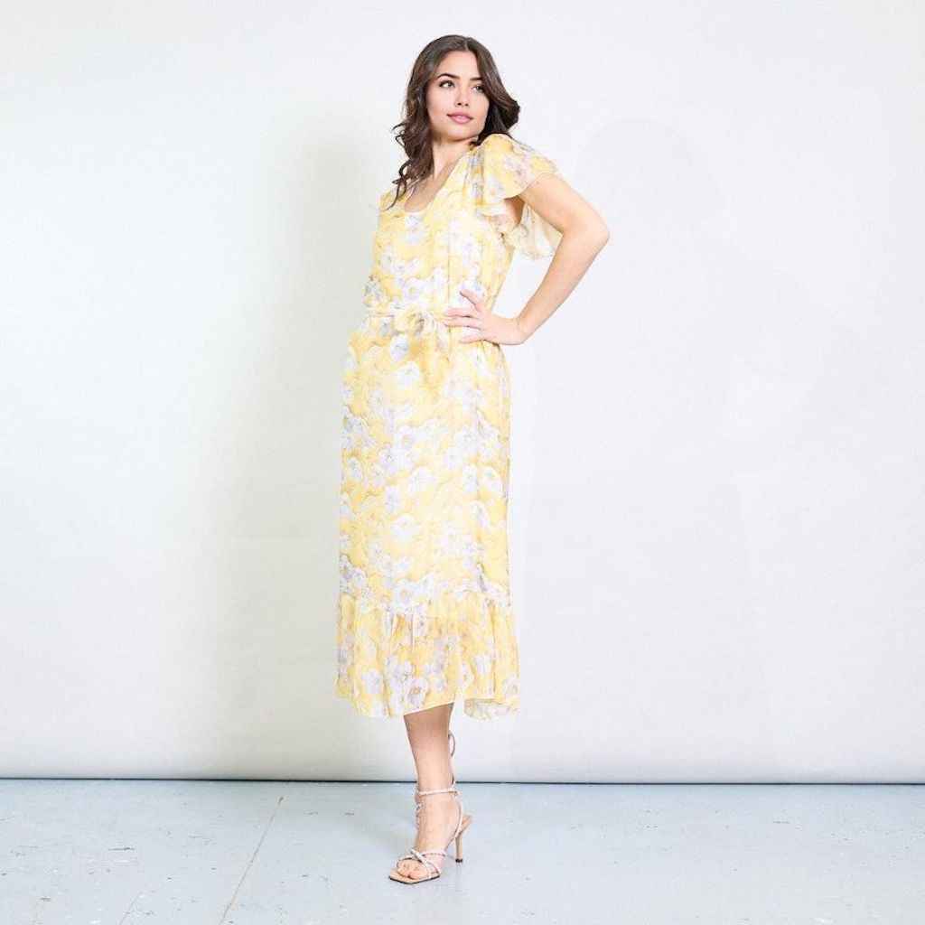 BZNA Blumendruck V-Ausschnitt Midi Kleid Gelb aus Seidenchiffon Seidenkleid oneSize