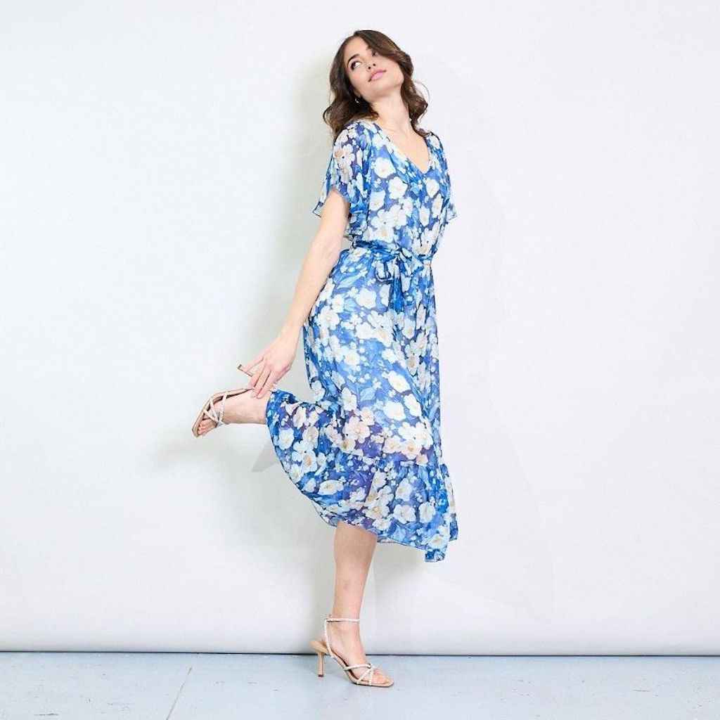BZNA Blumendruck V-Ausschnitt Midi Kleid Blau aus Seidenchiffon Seidenkleid oneSize