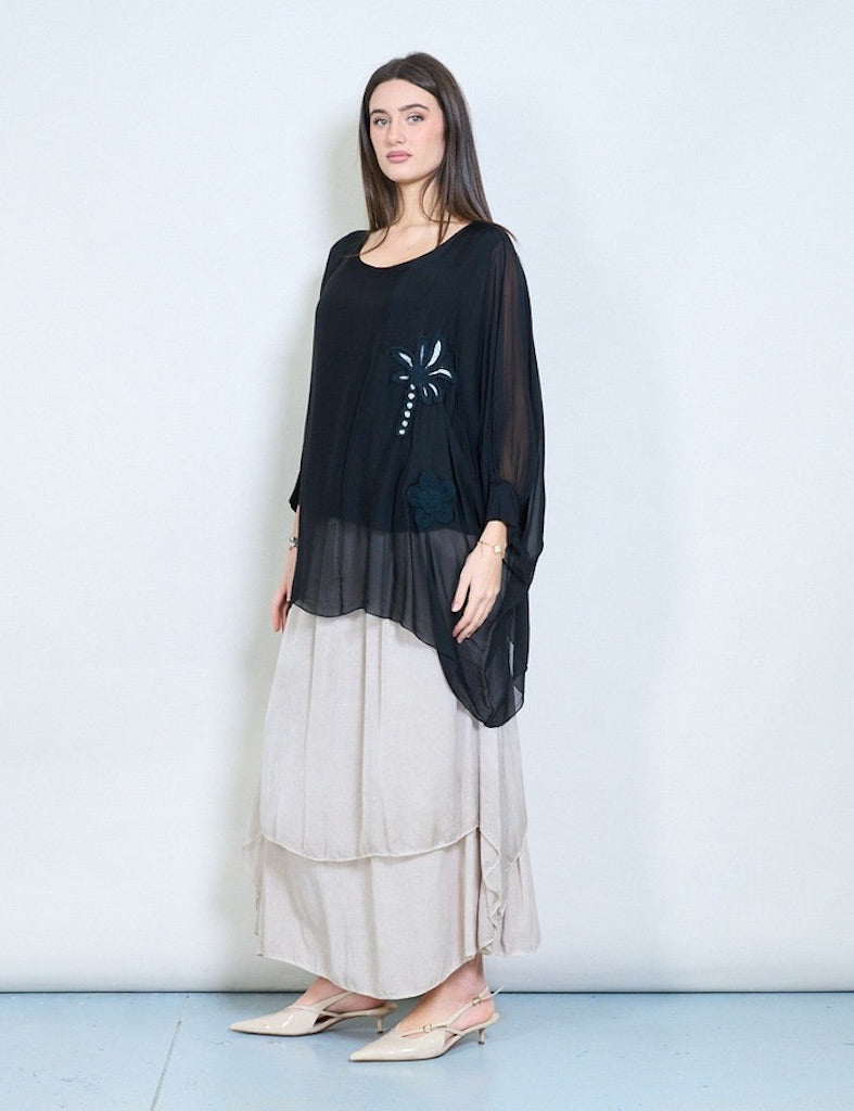 BZNA Bluse mit Seide Flow transparente Langarmbluse mit Blumenapplikation - B Z N A
