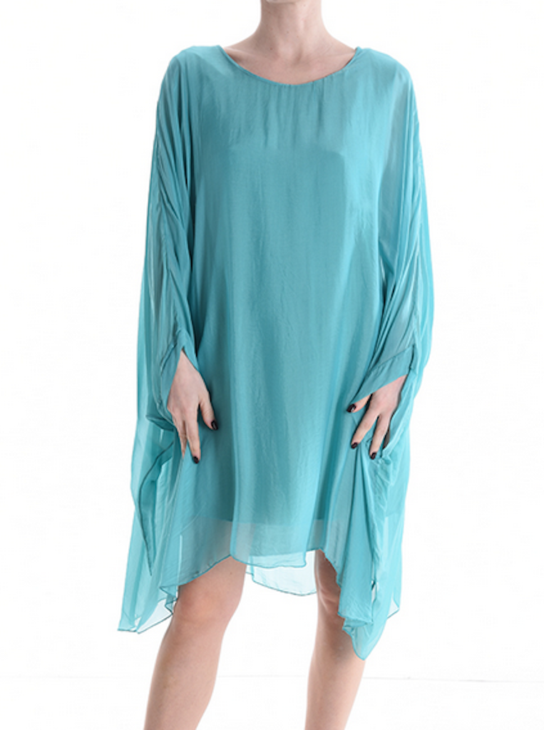 BZNA Seidenbluse lang Aqua Blau Tunika Seidentunika Seidenchiffonbluse Fledermaus Ärmel oneSize - B Z N A