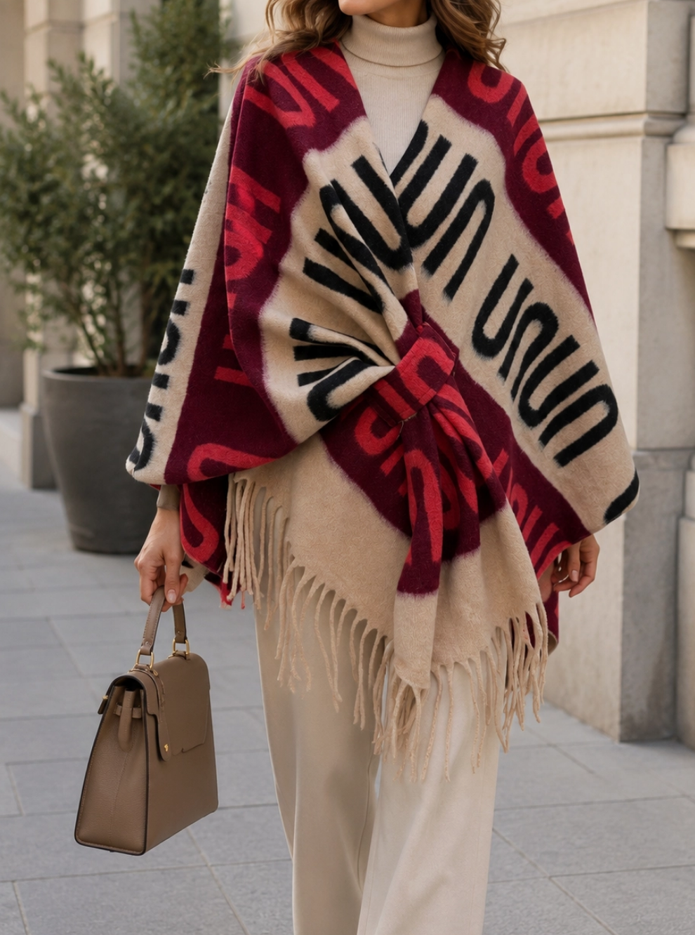 BZNA Strickponcho in Bordo - Wolltuch mit Fransen - Poncho MADE IN ITALY - B Z N A