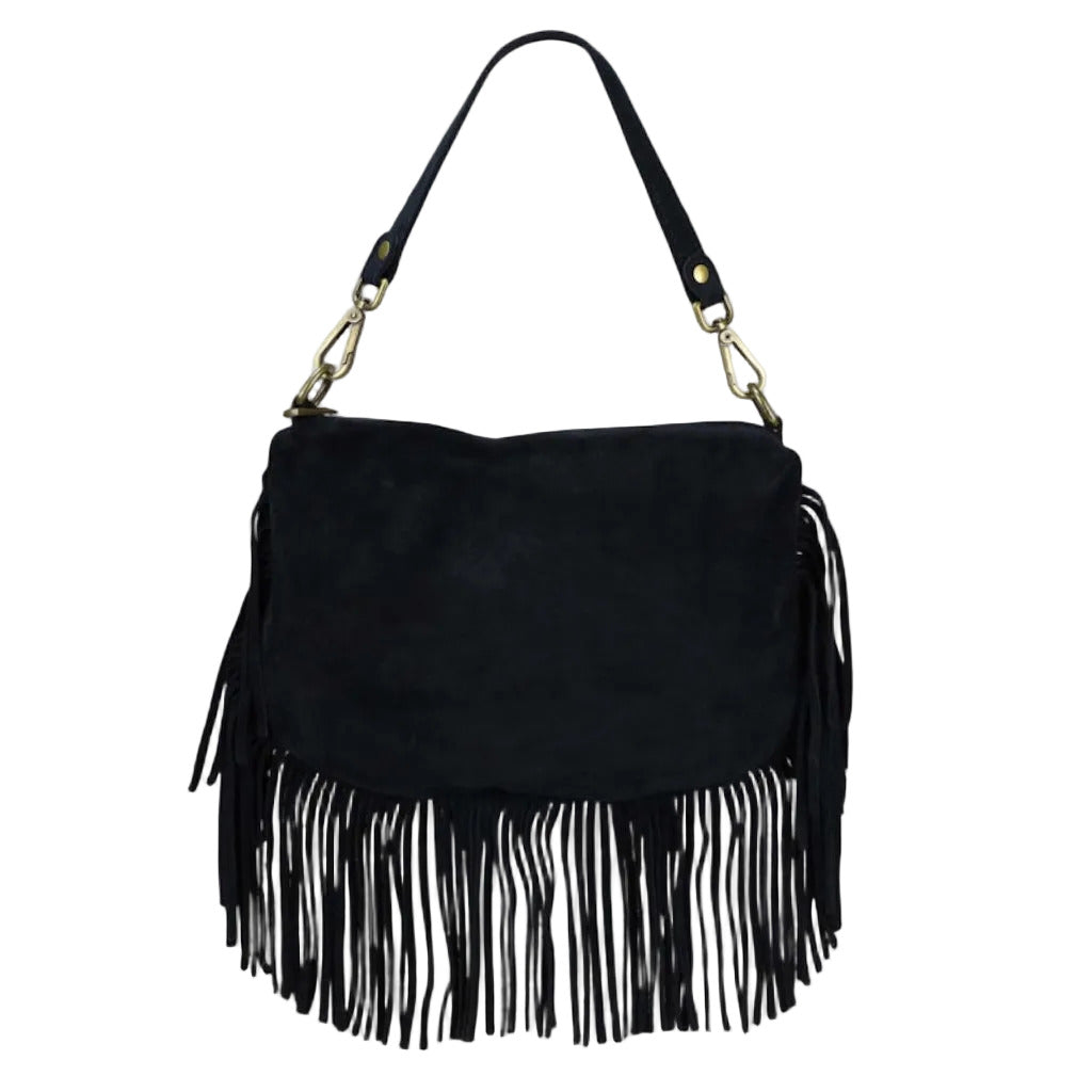 BZNA Bag Siefra Schwarz Fransen Schultertasche Designer Damen Handtasche Italy - B Z N A