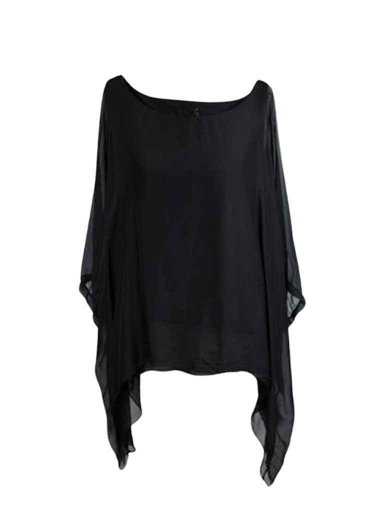 BZNA Seidenbluse Schwarz Tunika Seidentunika Seidenchiffonbluse Fledermaus Ärmel oneSize