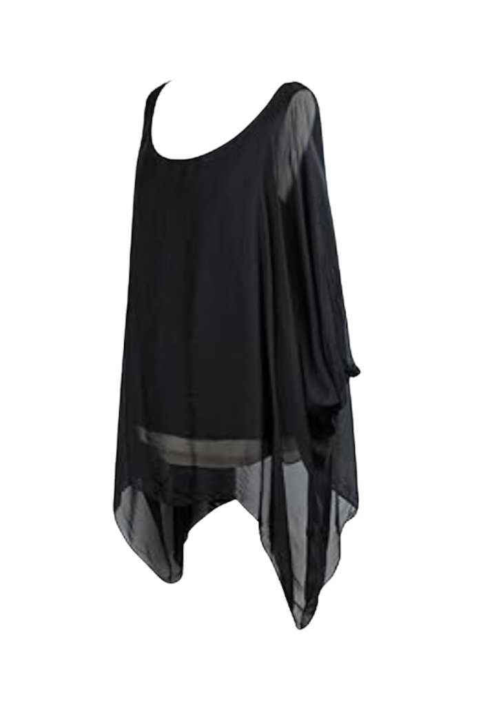 BZNA Seidenbluse Schwarz Tunika Seidentunika Seidenchiffonbluse Fledermaus Ärmel oneSize