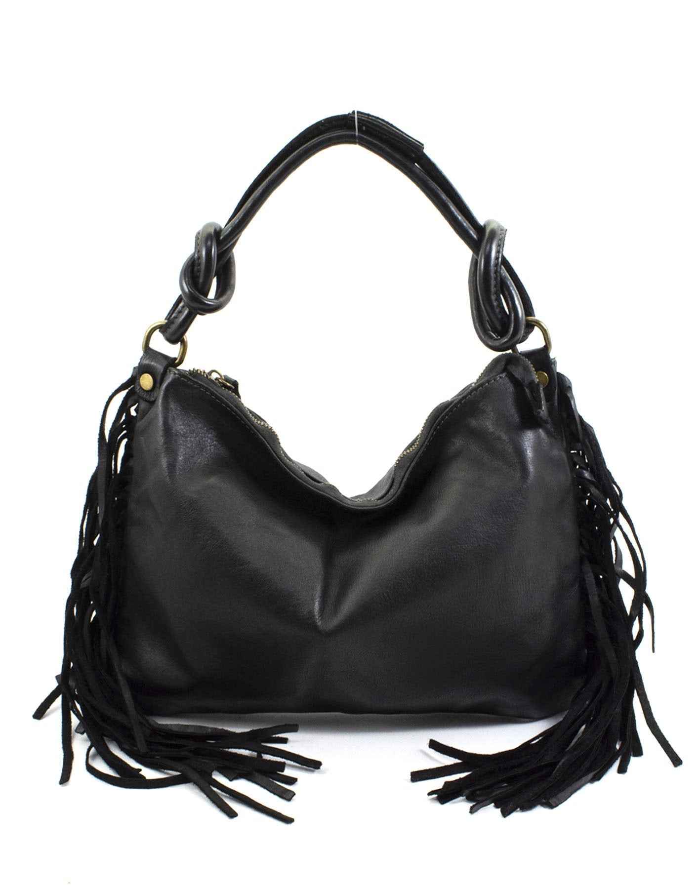 BZNA Bag Natti Schwarz Italy Designer Fransen Handtasche Ledertasche Schultertasche Leder Shopper Neu