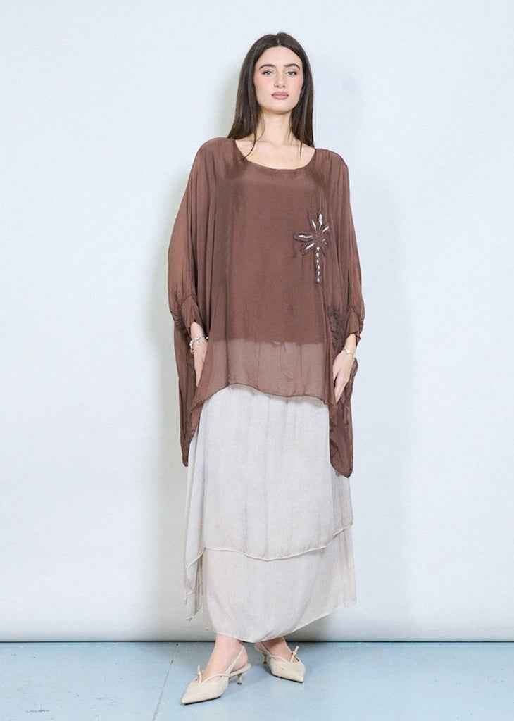 BZNA Bluse mit Seide Flow transparente Langarmbluse mit Blumenapplikation