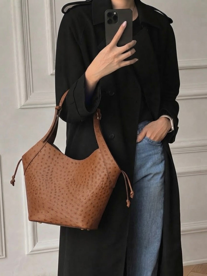 BZNA Bag B0798 Cognac Leder Strauß Prägung Italy Damen Shopper Schultertasche Tasche - B Z N A