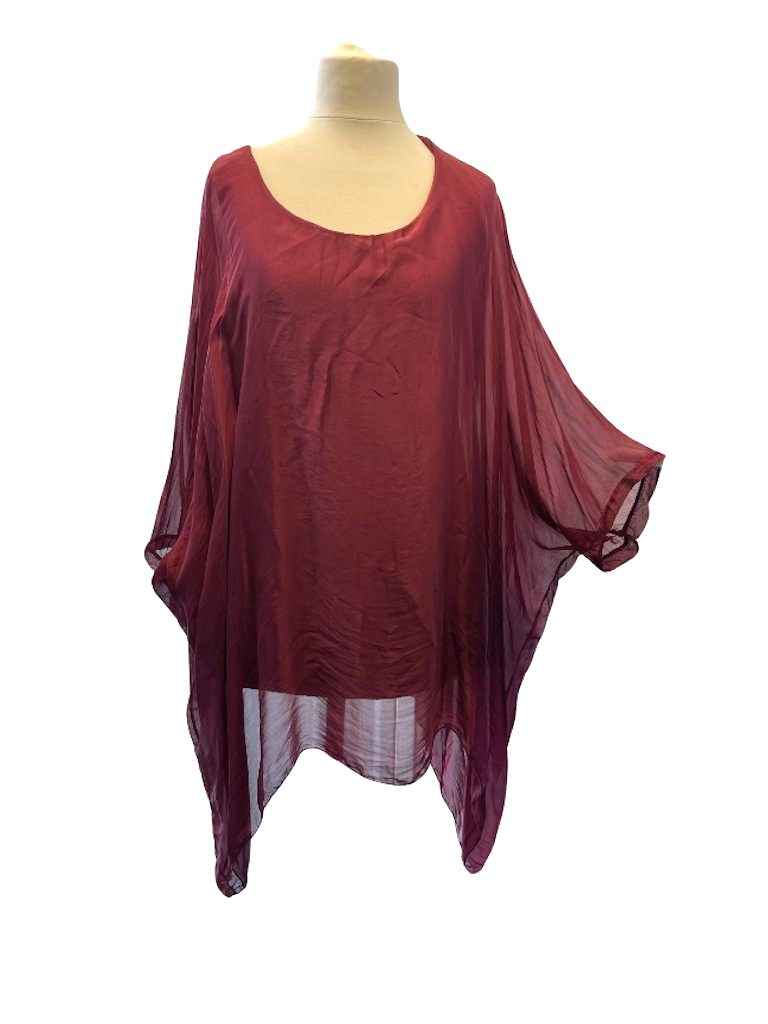 BZNA Seidenbluse Karminrot Tunika Seidentunika Seidenchiffonbluse Fledermaus Ärmel oneSize