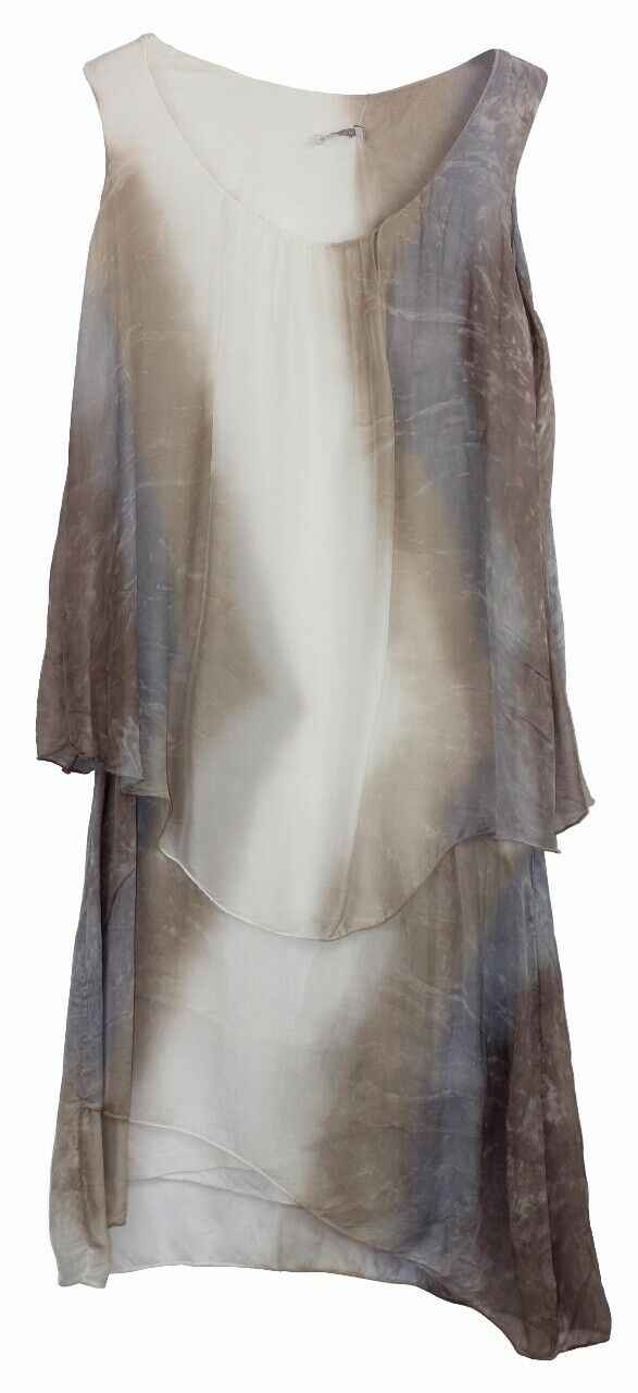 BZNA Ibiza Empire Batik Dress Taupe Sommer Lagenkleid Seidenkleid Damen Seide