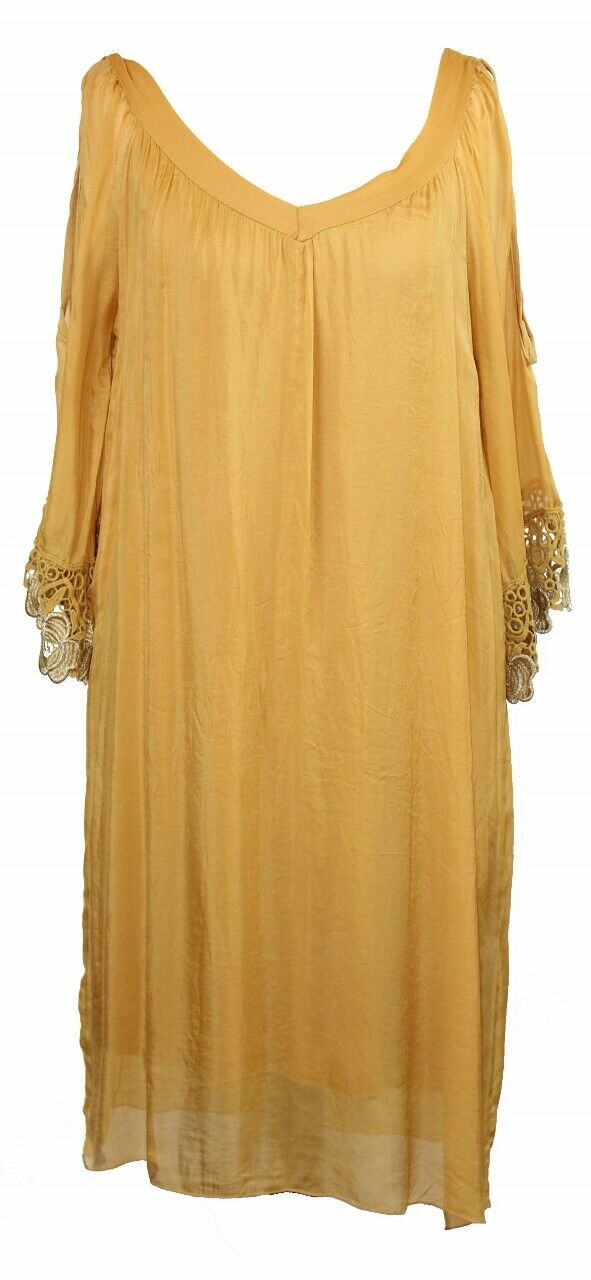 BZNA Ibiza Empire Dress Gelb Sommer Kleid Seidenkleid Damen Seide Silk Häkel - B Z N A