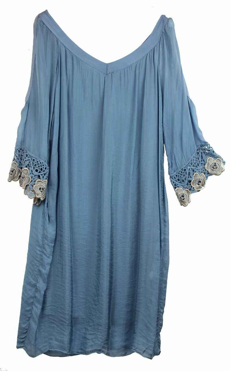 BZNA Ibiza Empire Dress Blau Sommer Kleid Seidenkleid Damen Seide Silk Häckel