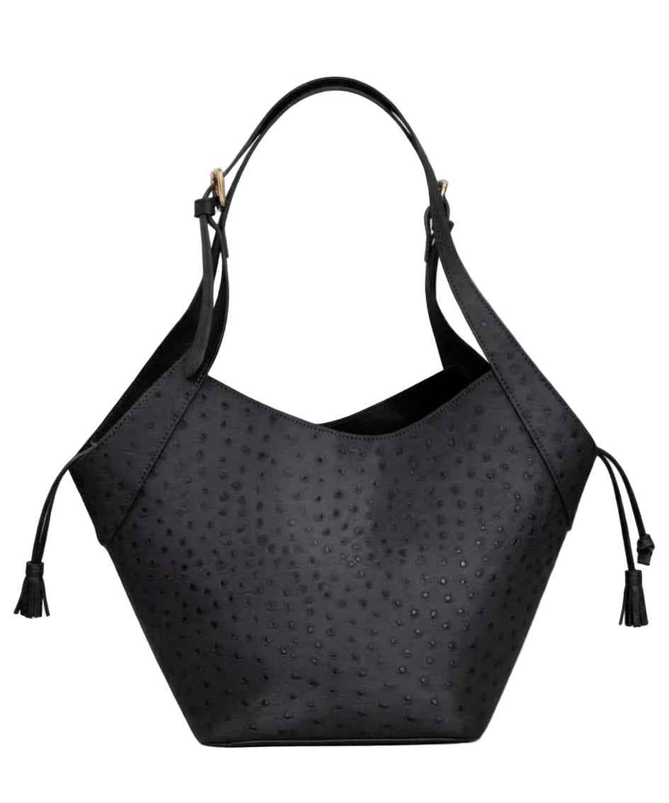 BZNA Bag B0798 Schwarz Leder Strauß Prägung Italy Damen Shopper Schultertasche Tasche