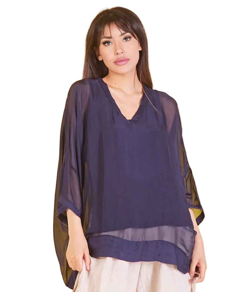 BZNA Seidenbluse Navy Blau Tunika Seidentunika mit V -Ausschnitt Seidenchiffonbluse Fledermaus Ärmel oneSize