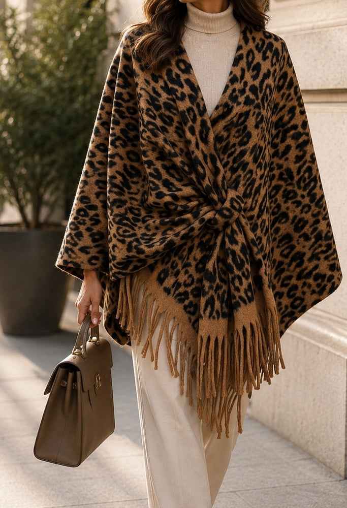 BZNA Strickponcho in Schwarz - Wolltuch mit Fransen - Poncho MADE IN ITALY