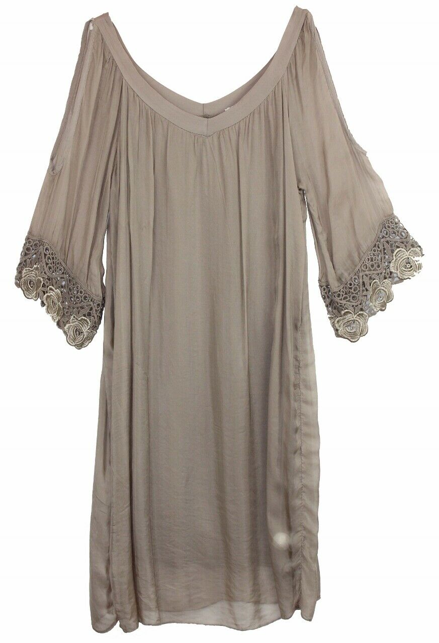 BZNA Ibiza Empire Dress Taupe Sommer Kleid Seidenkleid Damen Seide Silk Häckel - B Z N A