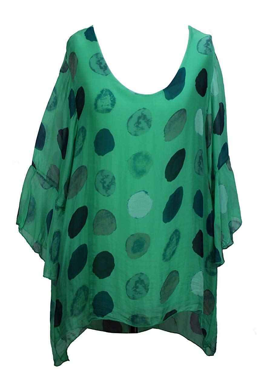 BZNA Seiden Tunika Grün Bluse mit Punkten pünktchen Muster Seidentunika Trompeten Ärmel 36 40 42 one size Damen Dress Oberteil elegant