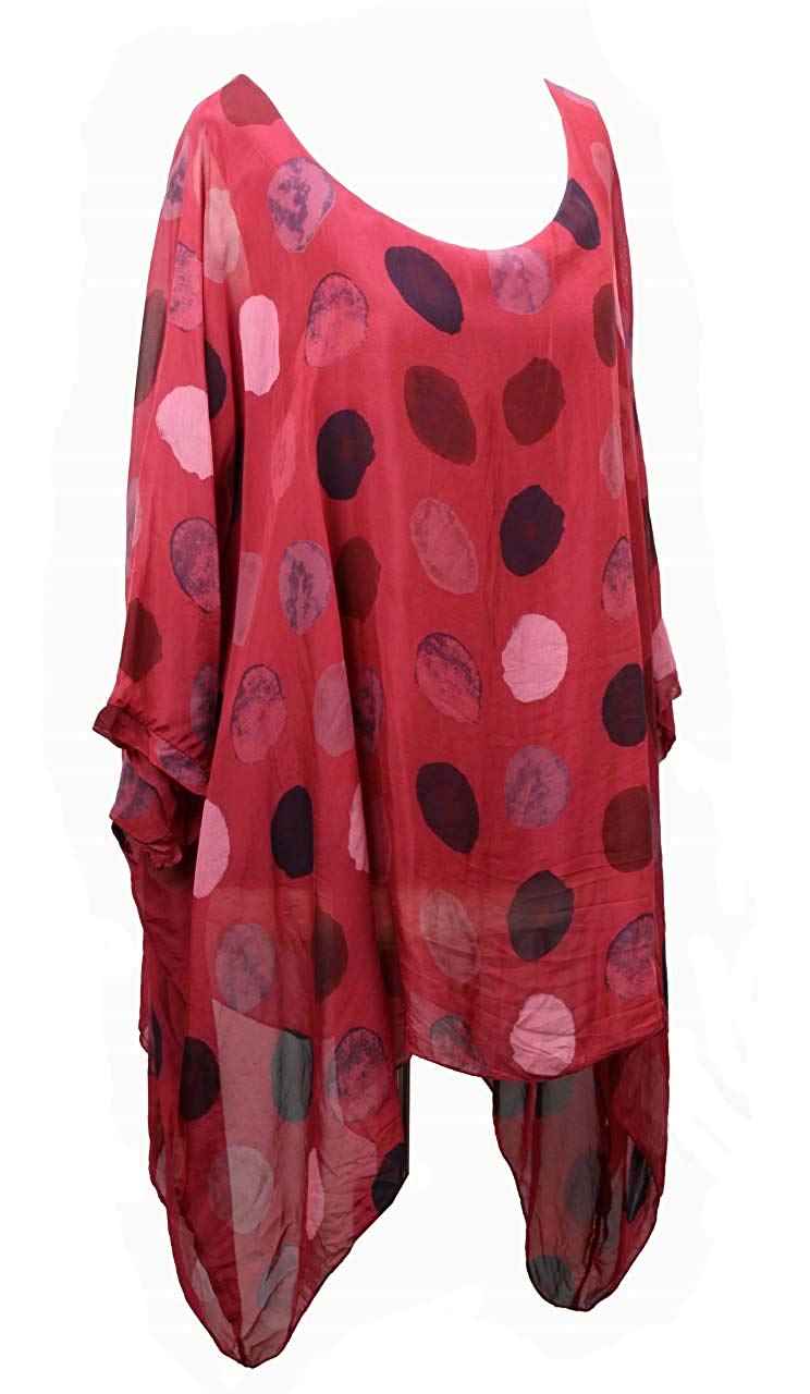 BZNA Seiden Tunika Rot Bluse mit Punkten pünktchen Muster Seidentunika Fledermaus Ärmel 38 40 42 44 46 one size Damen Dress Oberteil elegant