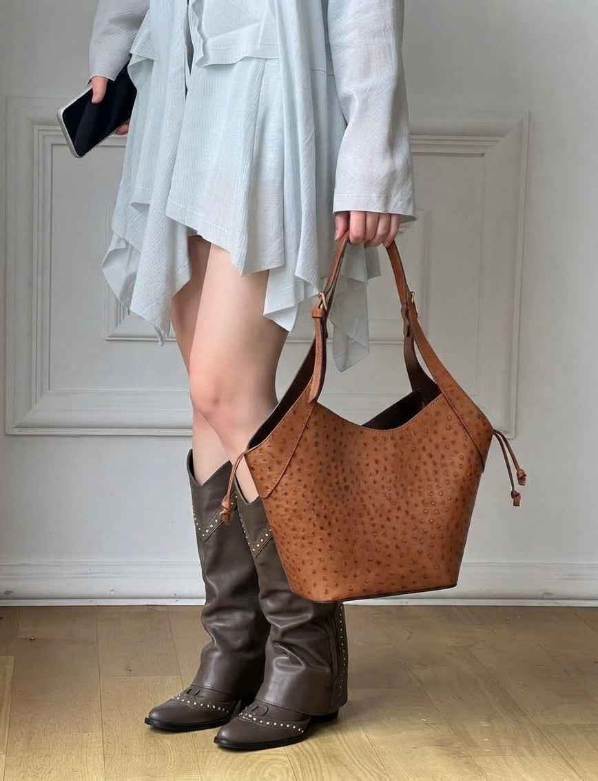 BZNA Bag B0798 Schwarz Leder Strauß Prägung Italy Damen Shopper Schultertasche Tasche