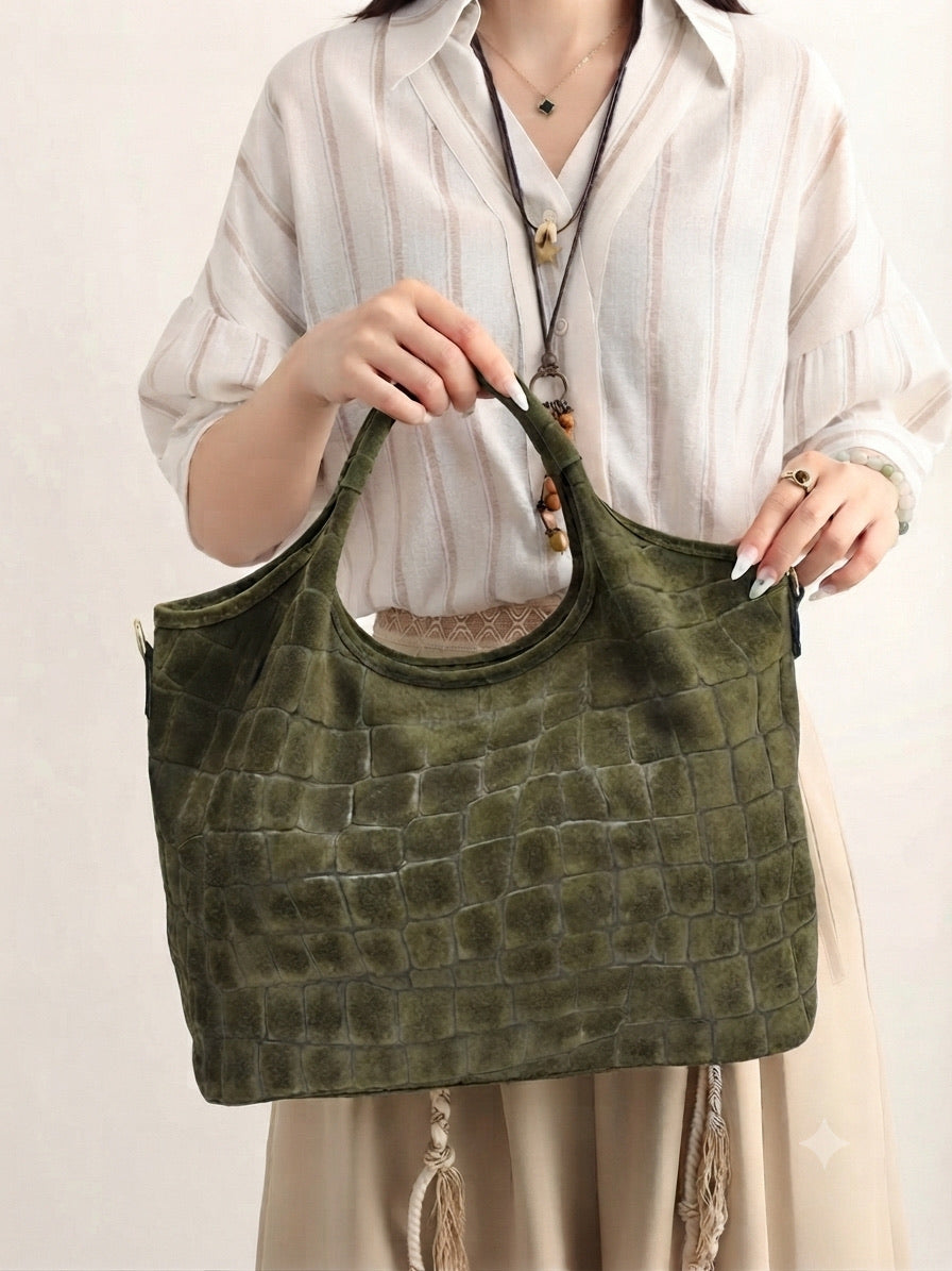 BZNA Bag Kroko Grün Wildleder Italy Damen Shopper Schultertasche Tasche - B Z N A