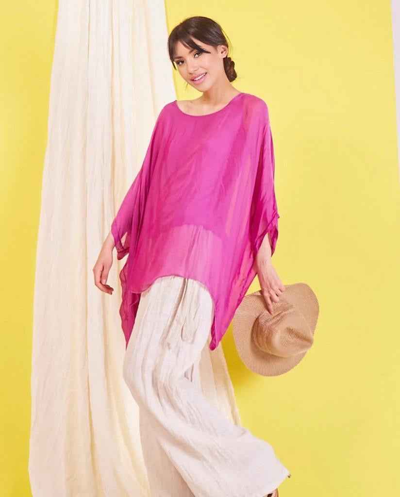 BZNA Seidenbluse Magenta Tunika Seidentunika Seidenchiffonbluse Fledermaus Ärmel oneSize