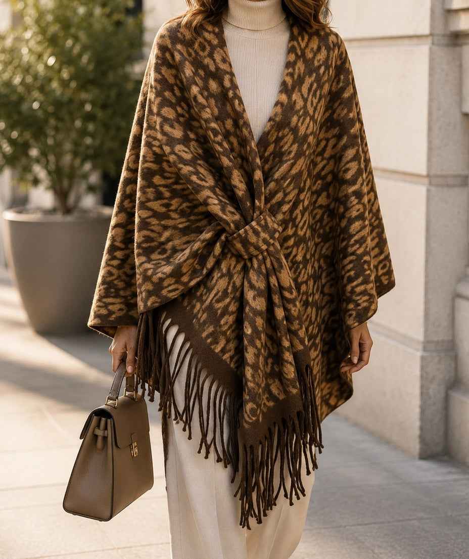 BZNA Strickponcho in Kamel - Wolltuch mit Fransen - Poncho MADE IN ITALY