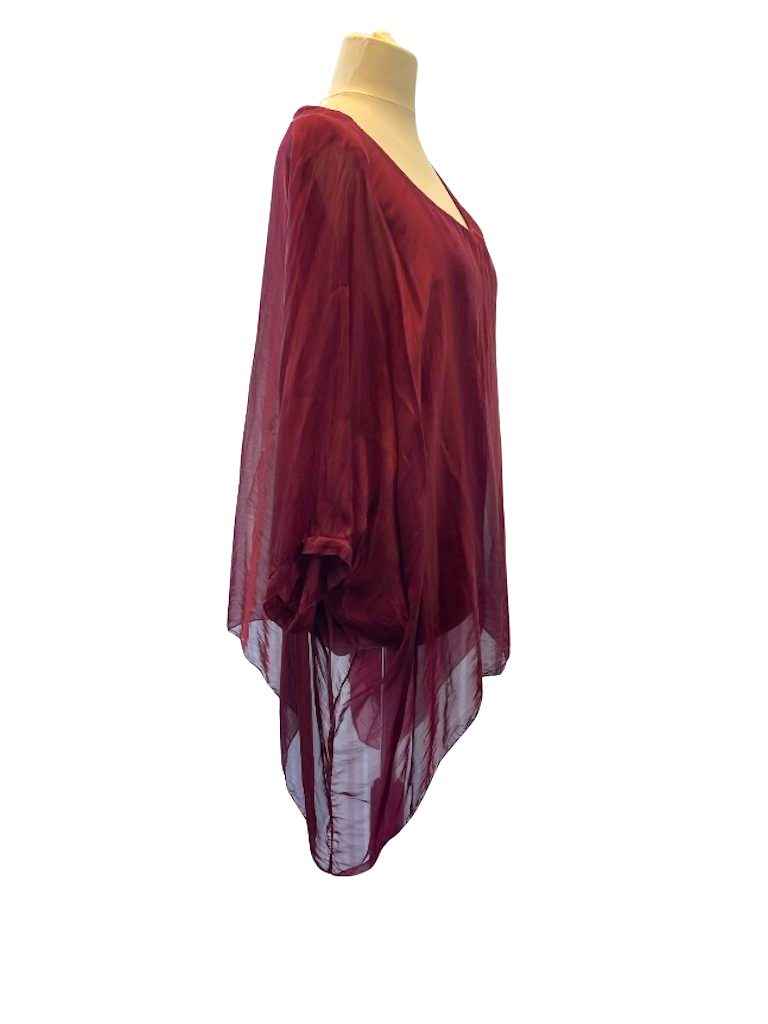 BZNA Seidenbluse Karminrot Tunika Seidentunika Seidenchiffonbluse Fledermaus Ärmel oneSize