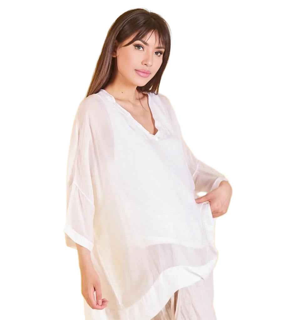 BZNA Seidenbluse Weiß Tunika Seidentunika mit V -Ausschnitt Seidenchiffonbluse Fledermaus Ärmel oneSize