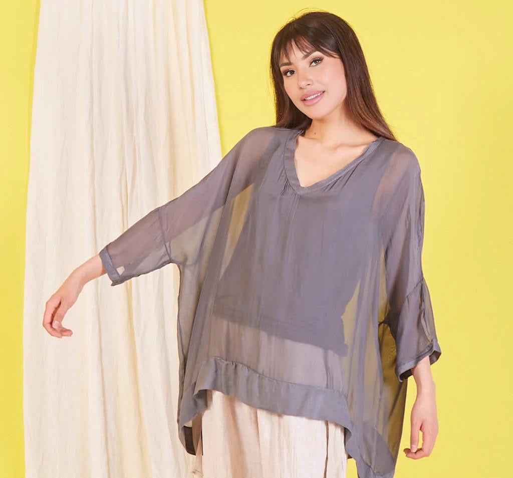 BZNA Seidenbluse Grau Tunika Seidentunika mit V -Ausschnitt Seidenchiffonbluse Fledermaus Ärmel oneSize