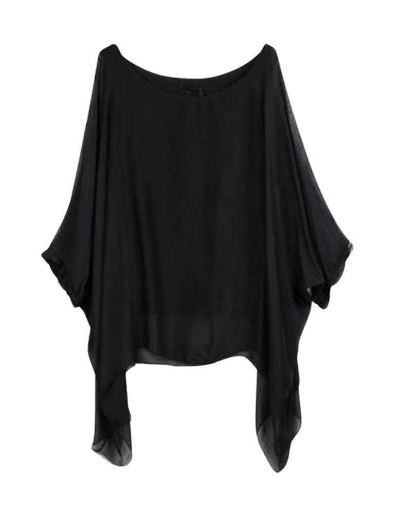 BZNA Seidenbluse Schwarz Tunika Seidentunika Seidenchiffonbluse Fledermaus Ärmel oneSize
