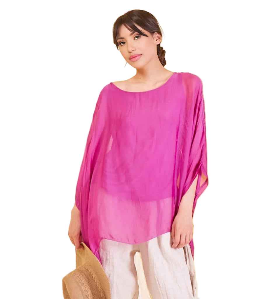 BZNA Seidenbluse Magenta Tunika Seidentunika Seidenchiffonbluse Fledermaus Ärmel oneSize