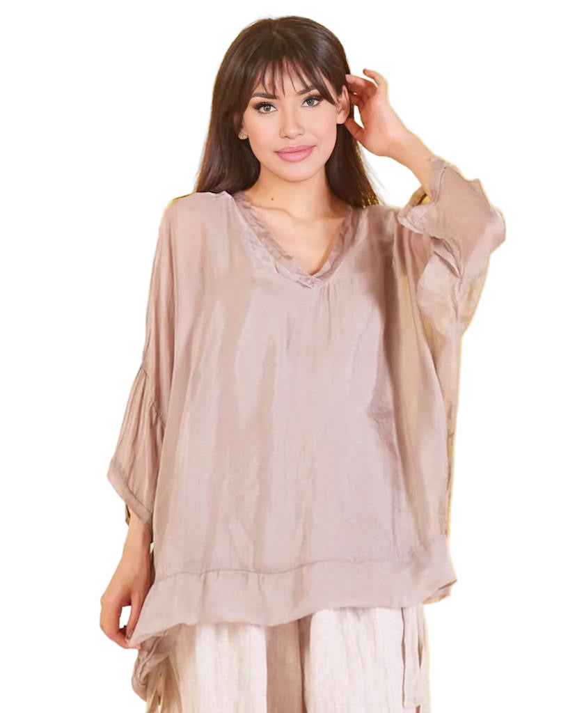 BZNA Seidenbluse Taupe Tunika Seidentunika mit V -Ausschnitt Seidenchiffonbluse Fledermaus Ärmel oneSize
