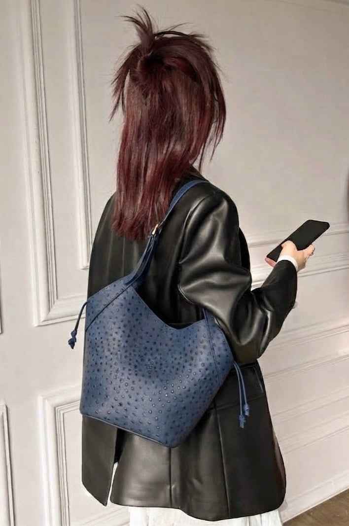 BZNA Bag B0798 Blau Leder Strauß Prägung Italy Damen Shopper Schultertasche Tasche
