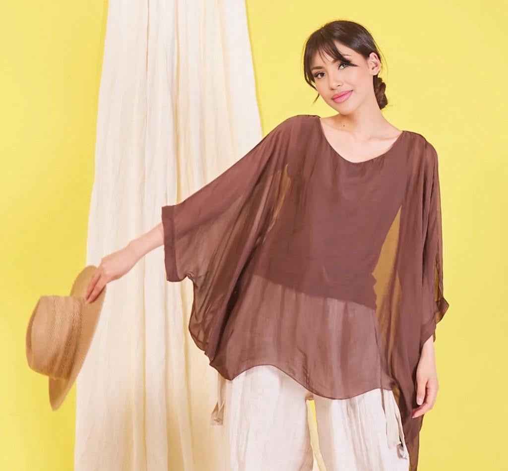 BZNA Seidenbluse Coffee Tunika Seidentunika Seidenchiffonbluse Fledermaus Ärmel oneSize