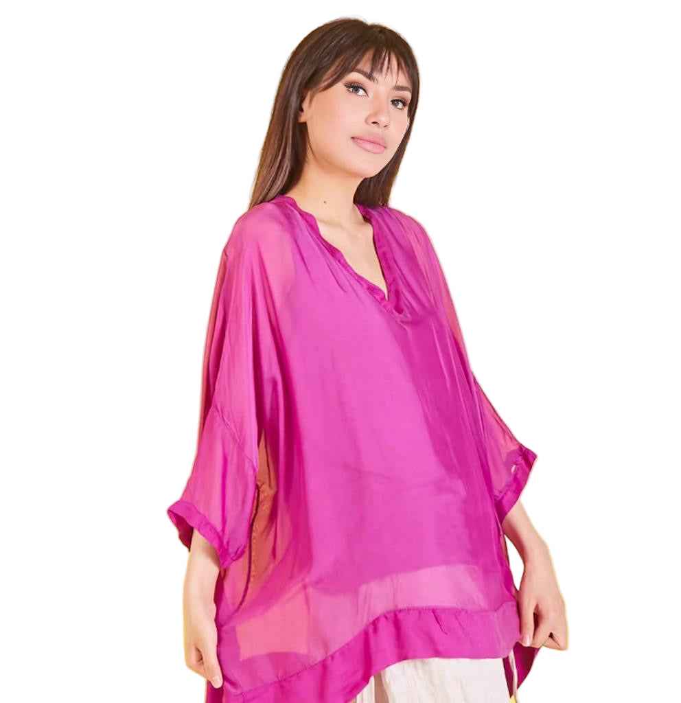 BZNA Seidenbluse Magenta Tunika Seidentunika mit V -Ausschnitt Seidenchiffonbluse Fledermaus Ärmel oneSize