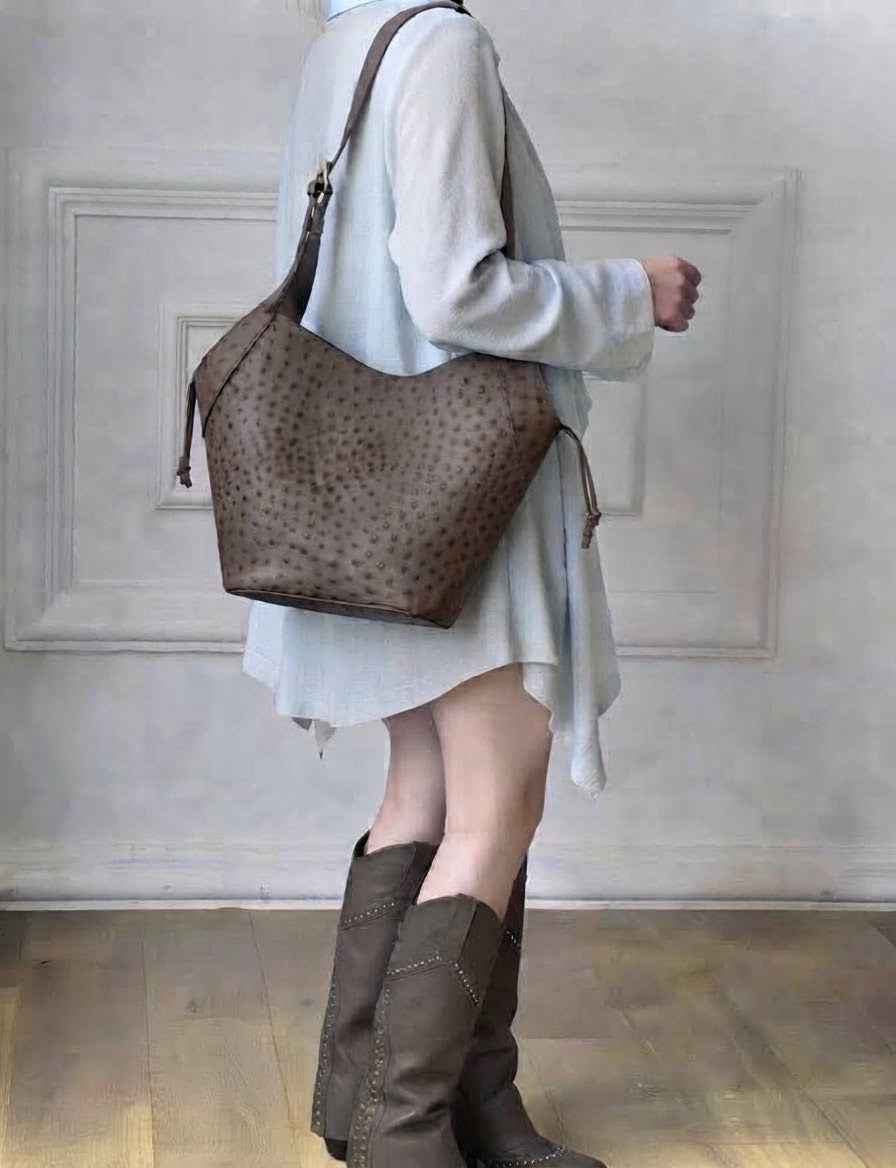 BZNA Bag B0798 Schwarz Leder Strauß Prägung Italy Damen Shopper Schultertasche Tasche