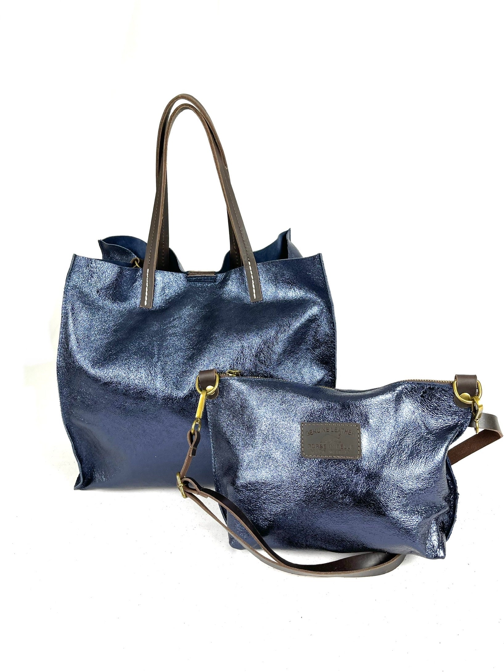 BZNA Bag BO5838 Blu Notte  Metalicca Leder Italy Damen Handtasche Schultertasche 2 in 1 Shopper (Kopie 2) - B Z N A