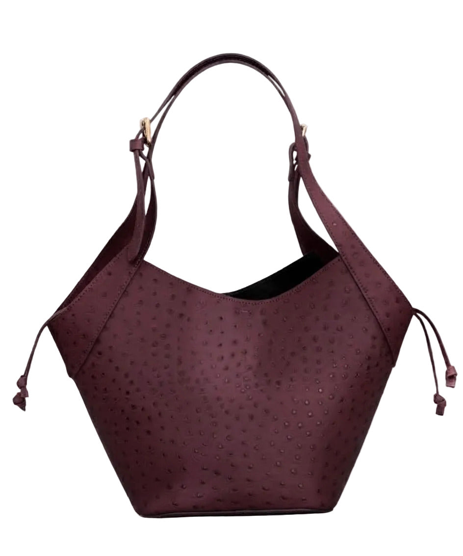 BZNA Bag B0798 Bordeaux Leder Strauß Prägung Italy Damen Shopper Schultertasche Tasche - B Z N A
