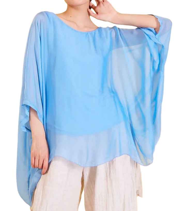 BZNA Seidenbluse Light Blue Tunika Seidentunika Seidenchiffonbluse Fledermaus Ärmel oneSize