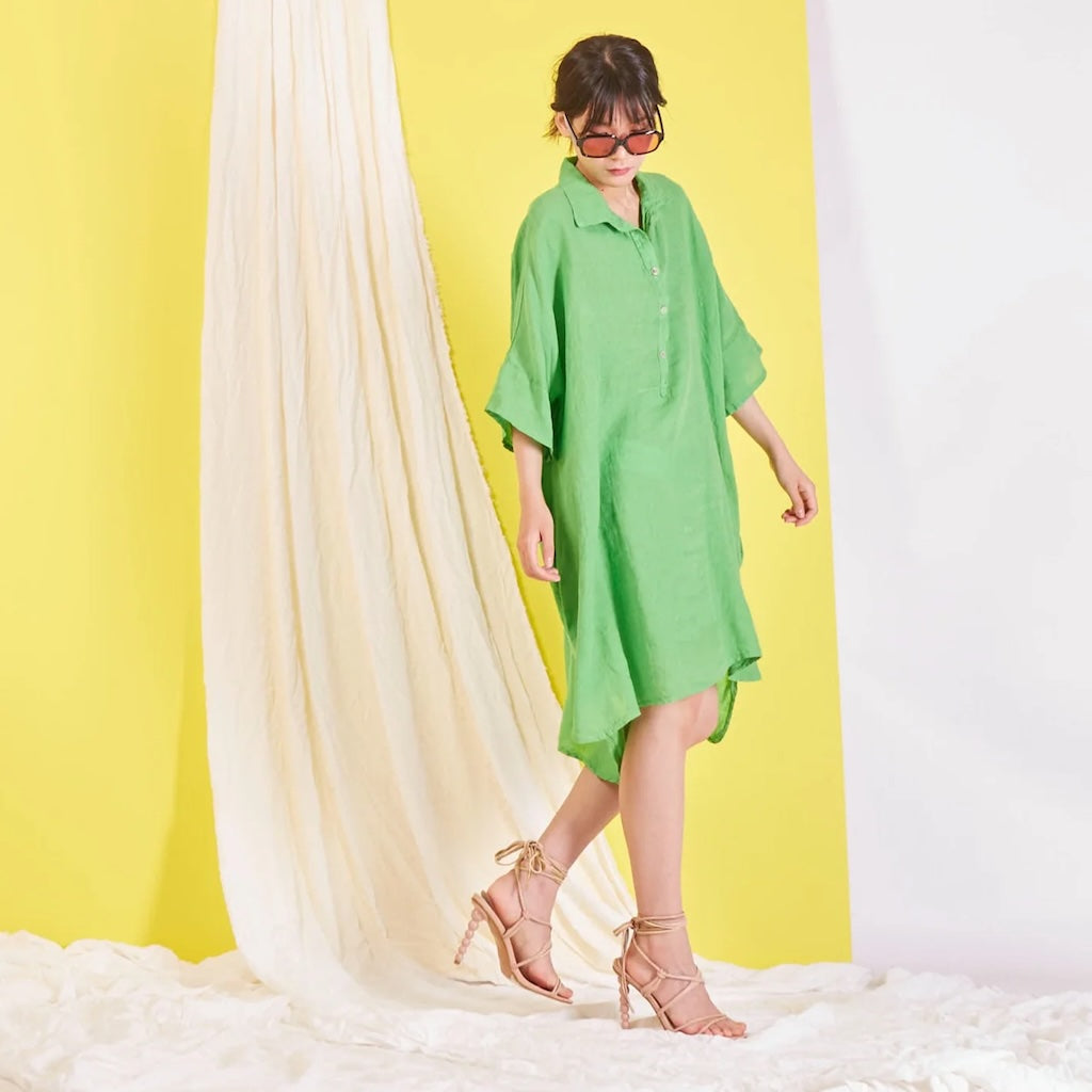 BZNA Maxi Leinenkleid mit Hemdkragen Blusenkleid Tunika onesize - B Z N A