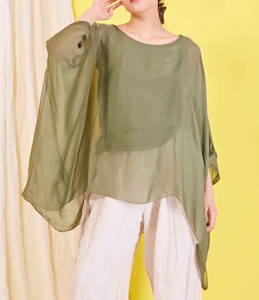 BZNA Seidenbluse Olive Grün Tunika Seidentunika Seidenchiffonbluse Fledermaus Ärmel oneSize