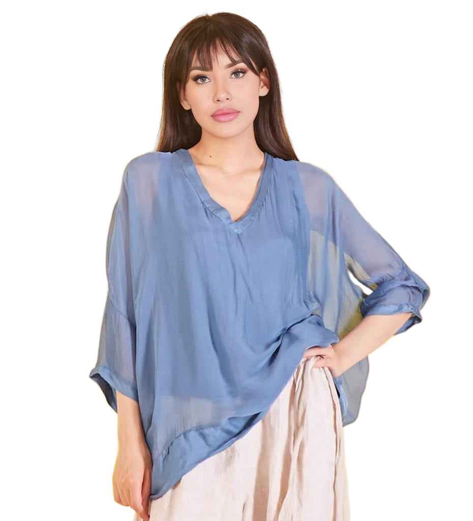 BZNA Seidenbluse Mittelblau Tunika Seidentunika mit V -Ausschnitt Seidenchiffonbluse Fledermaus Ärmel oneSize