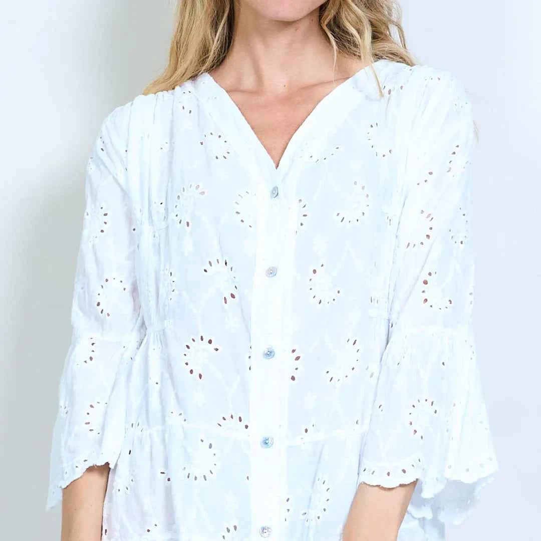 BZNA Broderie Anglaise Stufe mit V-Ausschnitt geknöpftes Hemdkleid oneSize